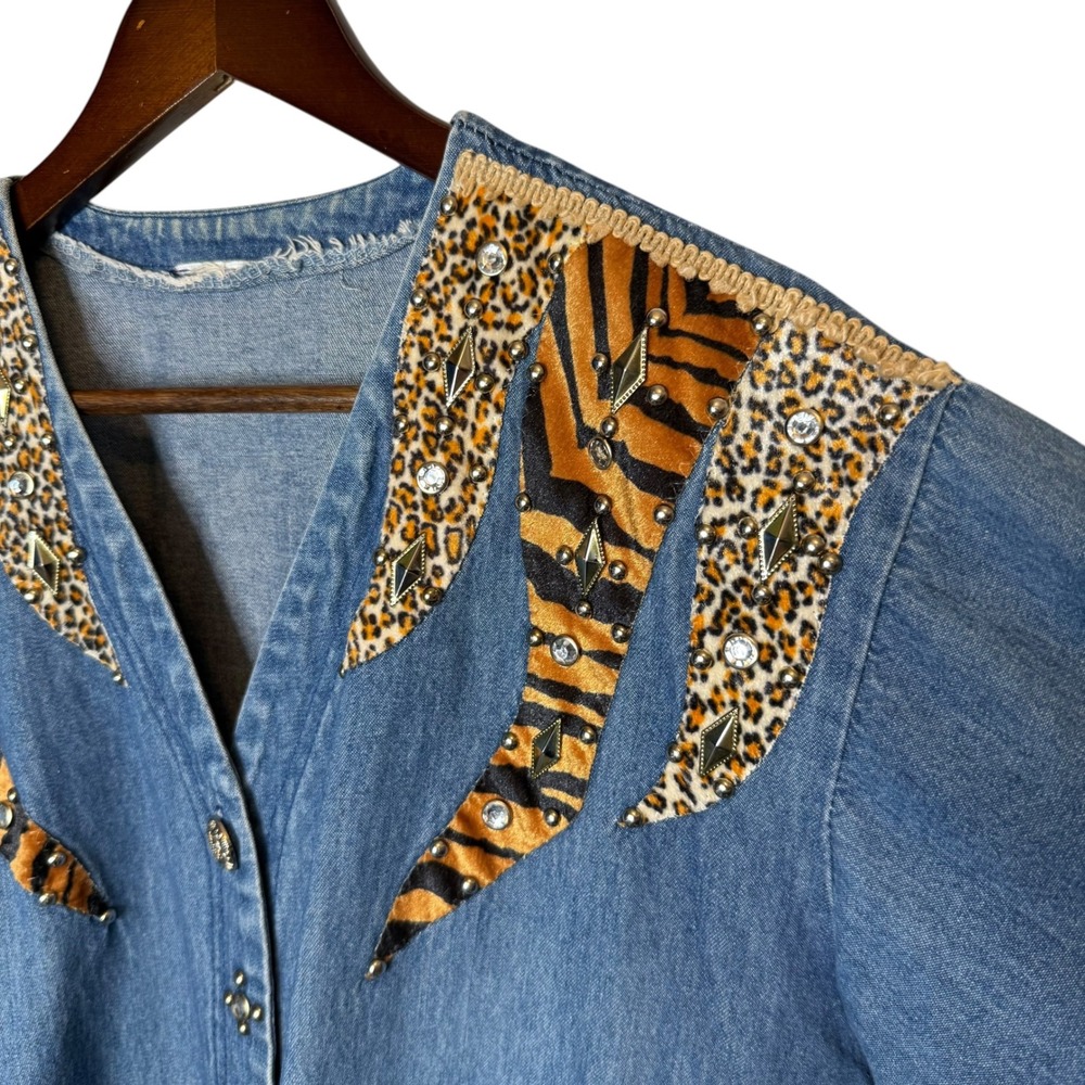 Vintage Denim Safari Western Embellished Long Lightweight Jacket Shacket Large - Picture 3 of 7
